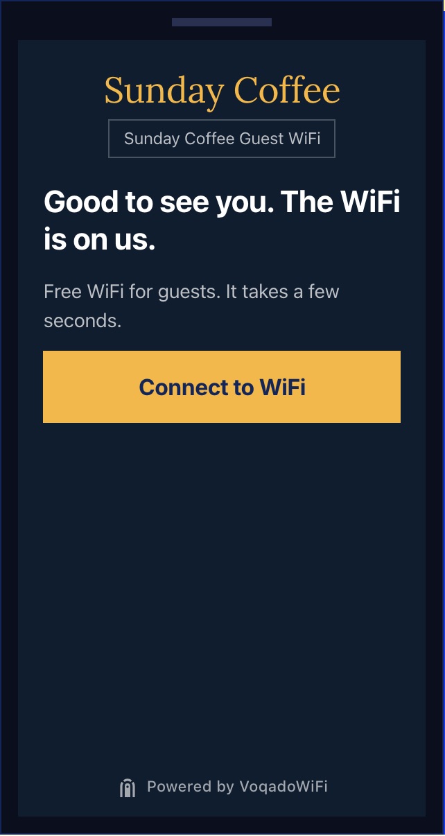 WiFi login welcome screen for a cafe called Sunday Coffee: the name in gold serif type on a dark navy background, a line reading Sunday Coffee Guest WiFi, the heading Good to see you. The WiFi is on us., and a gold Connect to WiFi button.