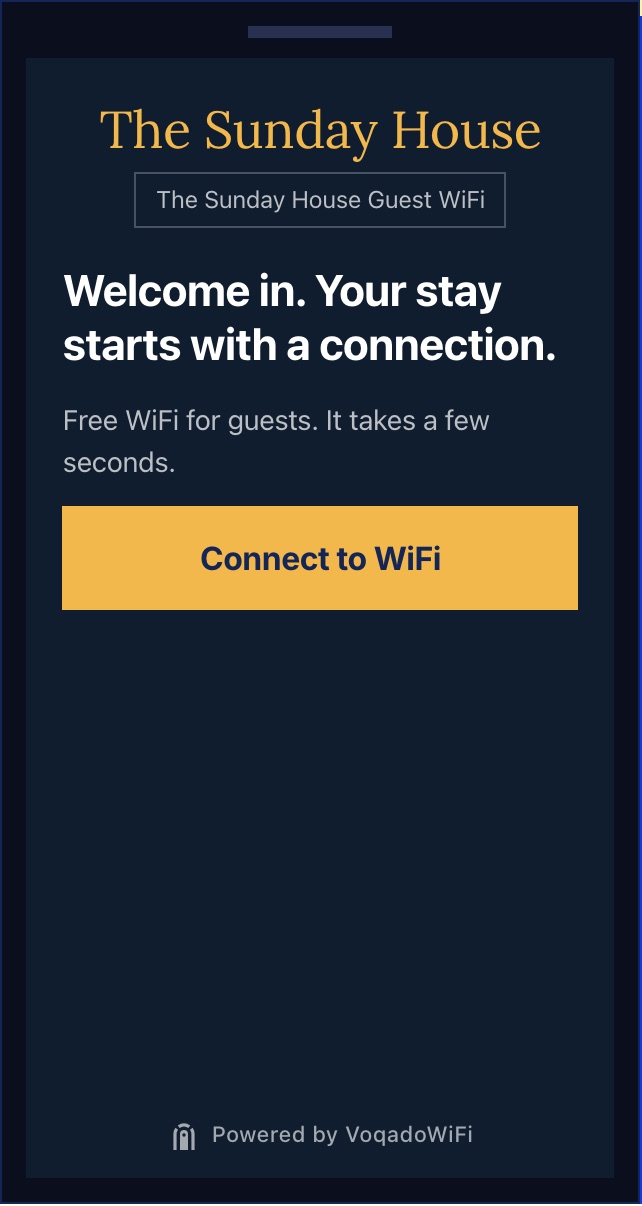 WiFi login welcome screen for a hotel called The Sunday House: the name in gold serif type on navy, the heading Welcome in. Your stay starts with a connection., and a gold Connect to WiFi button.