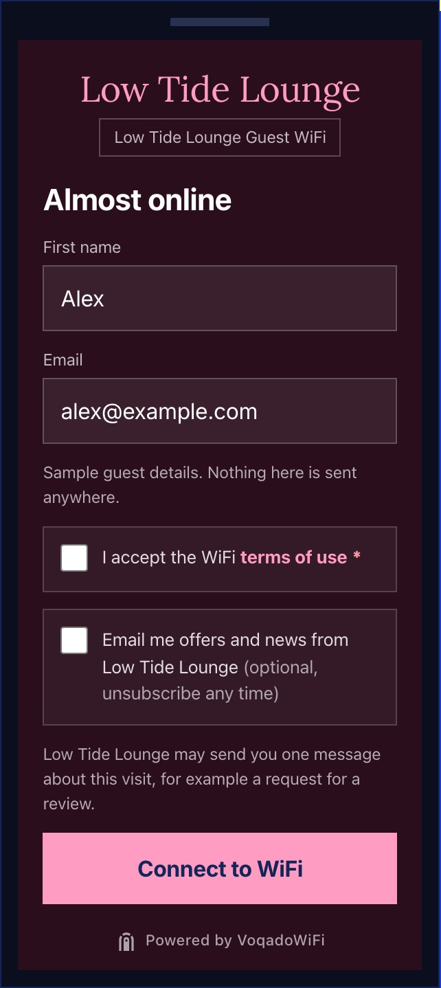 The Low Tide Lounge sign in form in deep berry and pink: first name, email, unticked WiFi terms box, unticked box for email offers and news from Low Tide Lounge, a notice line, and a pink Connect to WiFi button.